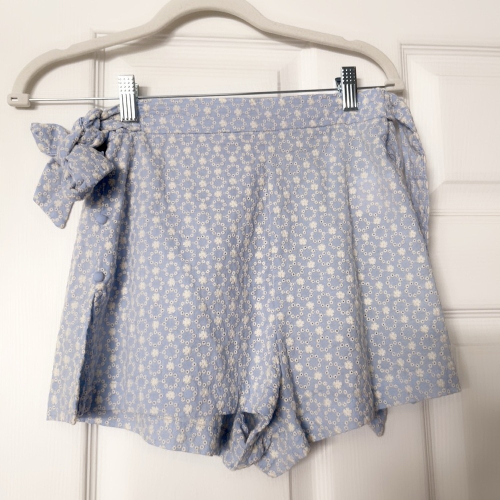 PAC sun Mink Pink Blue Floral Shorts with Bow Detail